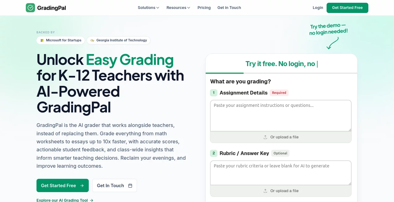 Screenshot of GradingPal – An AI tool in the ,AI Essay Writer ,AI Writing Assistants ,AI Homework Helper ,AI Education Assistant  category, showcasing its interface and key features.