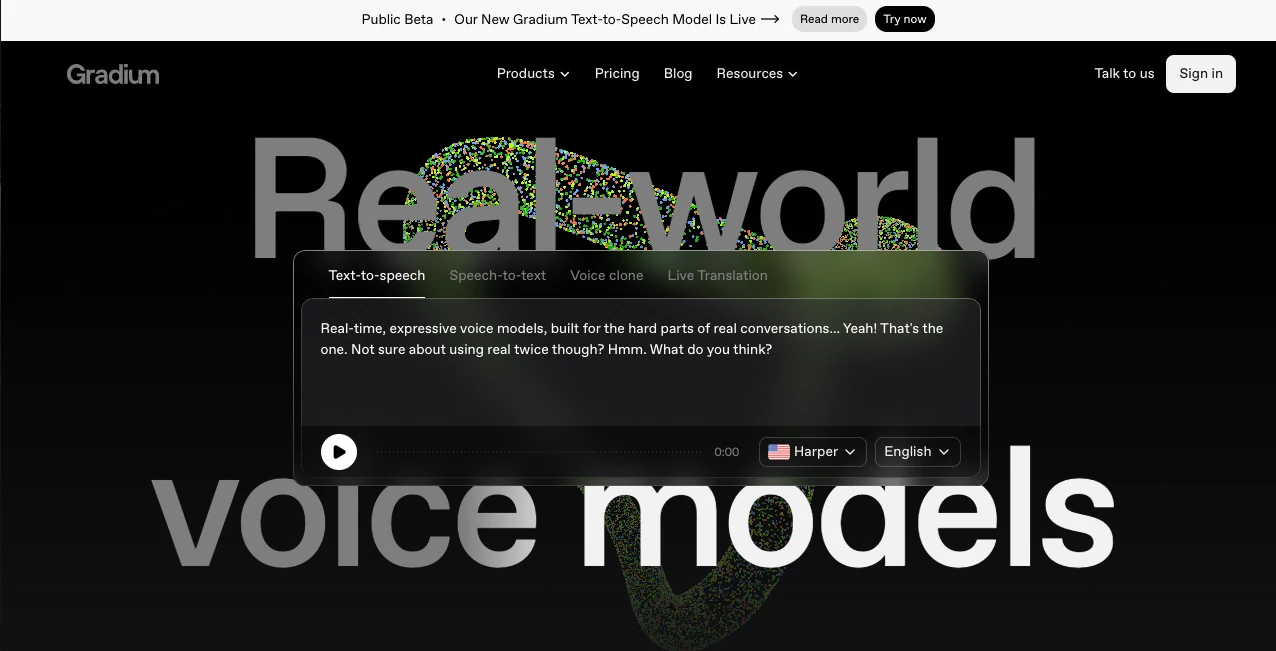 Screenshot of Gradium – An AI tool in the ,AI Voice Cloning ,AI Speech Recognition ,AI Text to Speech ,AI Speech Synthesis  category, showcasing its interface and key features.
