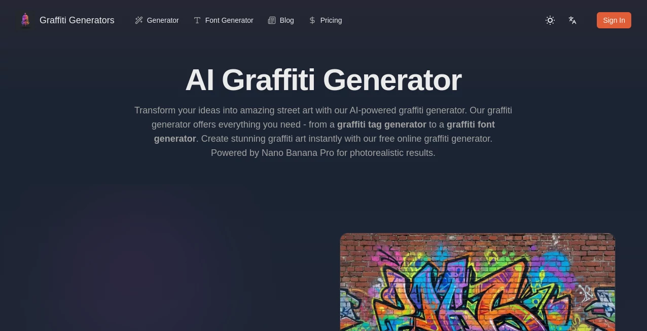 Screenshot of Graffiti Generators – An AI tool in the ,AI Image to Image ,AI Art Generator ,AI Design Generator ,AI Graphic Design  category, showcasing its interface and key features.