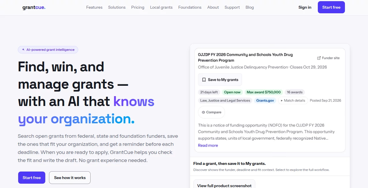 Screenshot of GrantCue – An AI tool in the ,AI Productivity Tools ,AI Task Management ,AI Team Collaboration ,AI Project Management ,Productivity  category, showcasing its interface and key features.