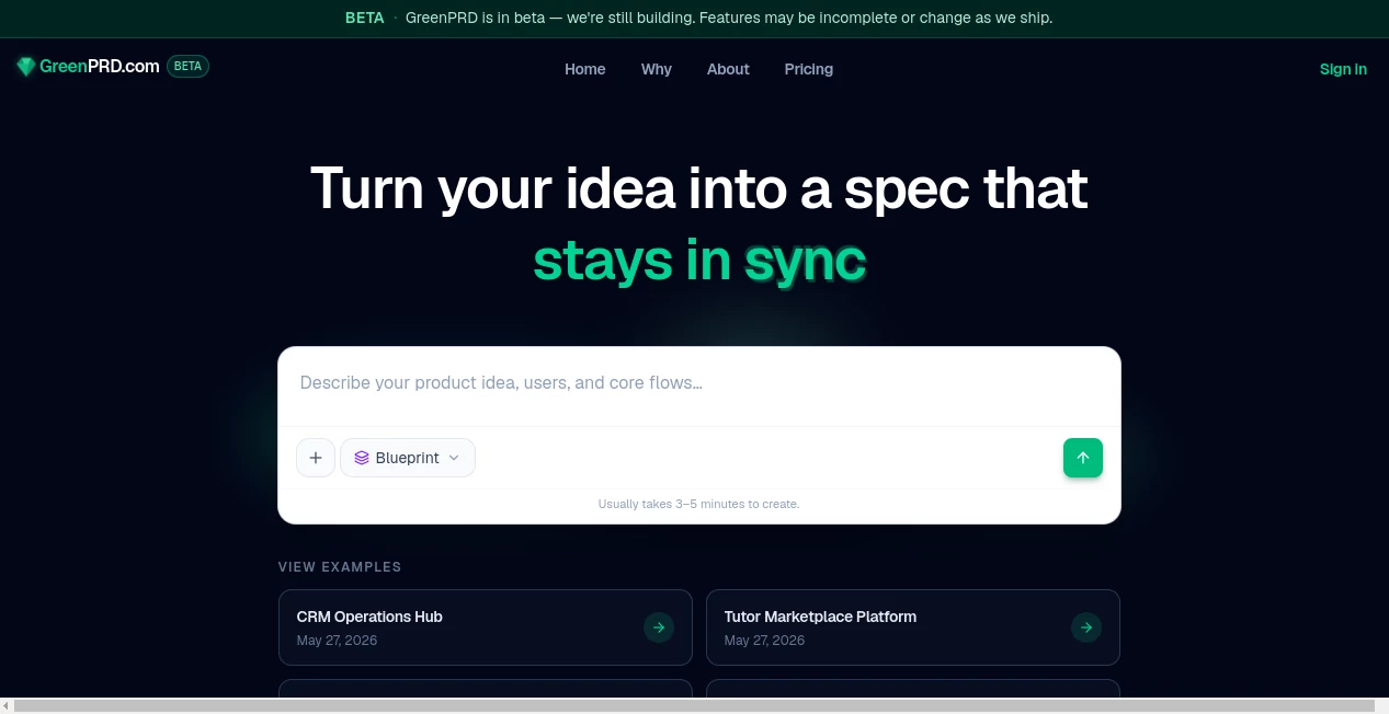 Screenshot of GreenPRD – An AI tool in the ,AI Developer Tools ,AI Workflow Management ,AI Project Management ,Other  category, showcasing its interface and key features.