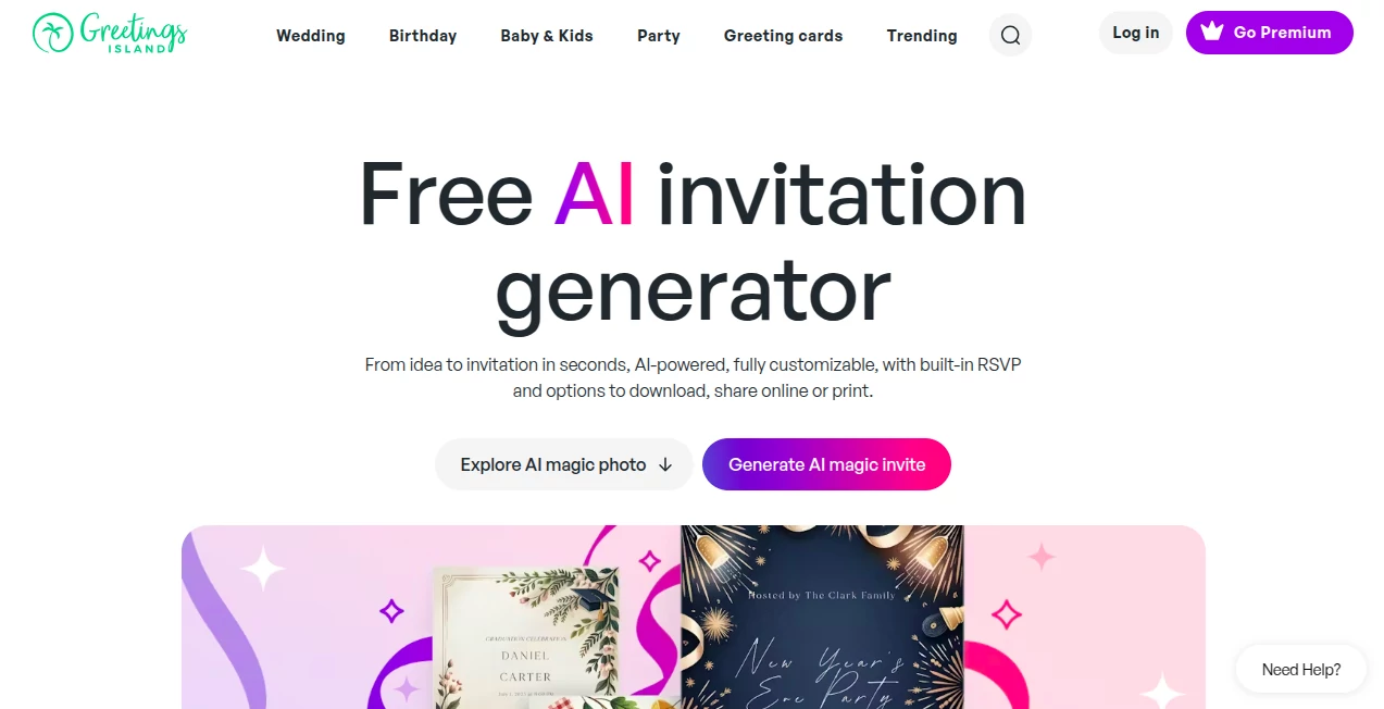Screenshot of Greetings Island - AI invitation generator – An AI tool in the ,AI Creative Writing ,AI Fun Tools ,AI Design Generator  category, showcasing its interface and key features.