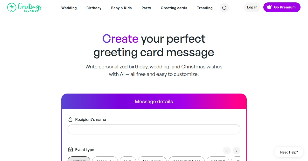 Screenshot of Greetings Island - wishes generator – An AI tool in the ,AI Creative Writing ,AI Life Assistant ,AI Content Generator ,AI Letter Writer  category, showcasing its interface and key features.