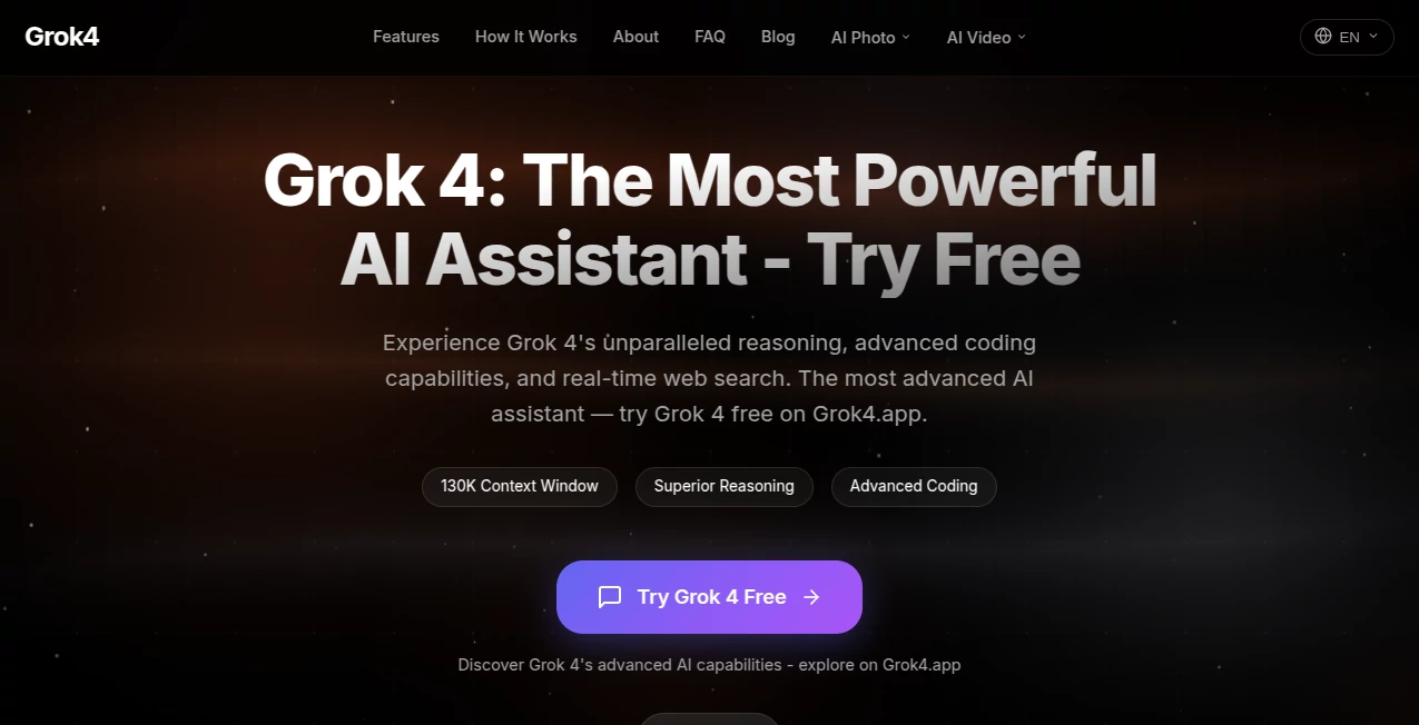 Screenshot of Grok 4 – An AI tool in the ,AI Productivity Tools ,AI Research Tool ,AI Chatbot ,AI Writing Assistants  category, showcasing its interface and key features.