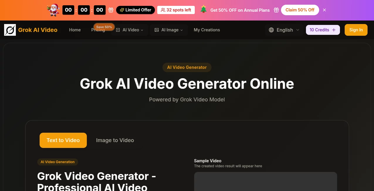 Screenshot of grok ai video – An AI tool in the ,AI Animated Video ,AI Image to Video ,AI Video Generator ,AI Text to Video  category, showcasing its interface and key features.