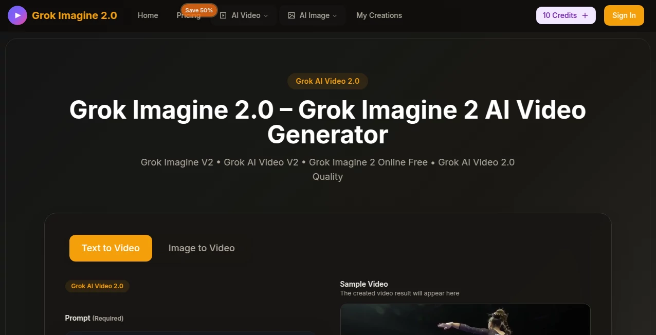 Screenshot of grok imagine 2.0 – An AI tool in the ,AI Text to Image ,AI Photo & Image Generator ,AI Art Generator ,AI Design Generator  category, showcasing its interface and key features.