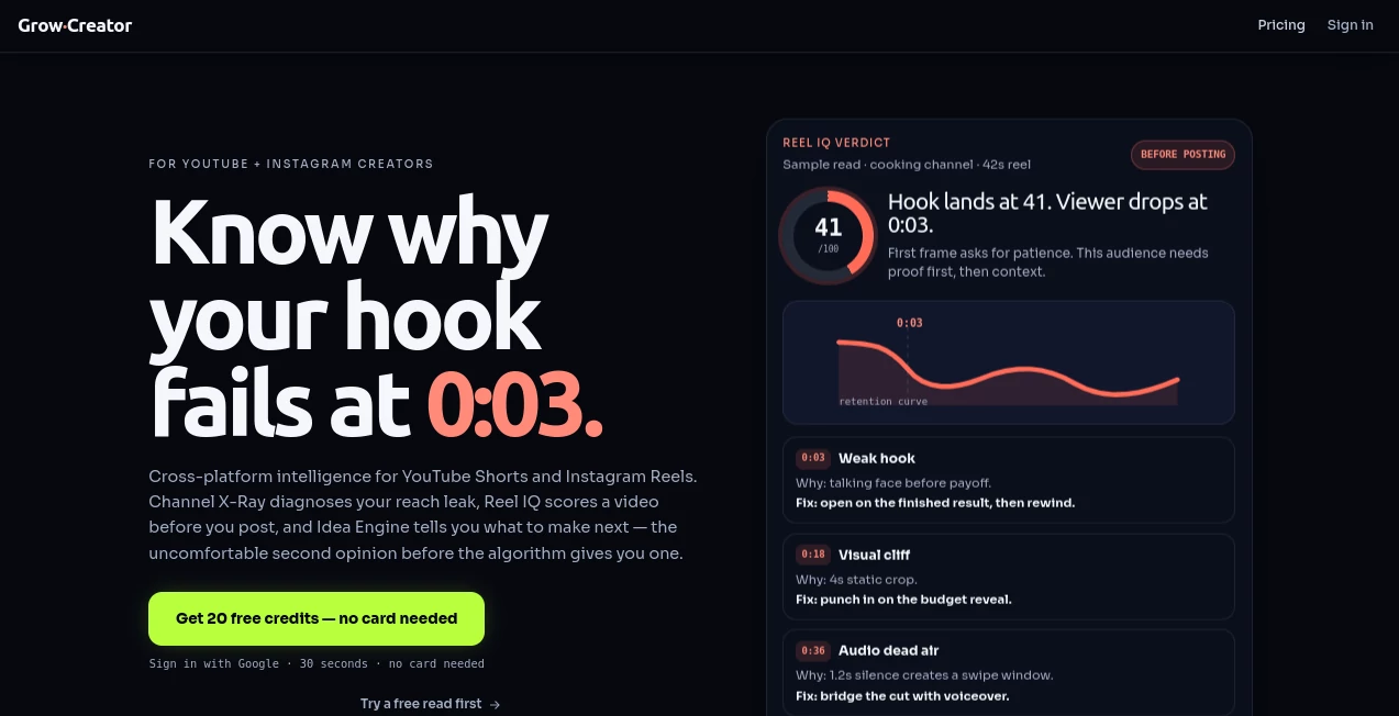 Screenshot of Grow Creator – An AI tool in the ,AI SEO Assistant ,AI YouTube Assistant ,AI Productivity Tools ,AI Analytics Assistant  category, showcasing its interface and key features.