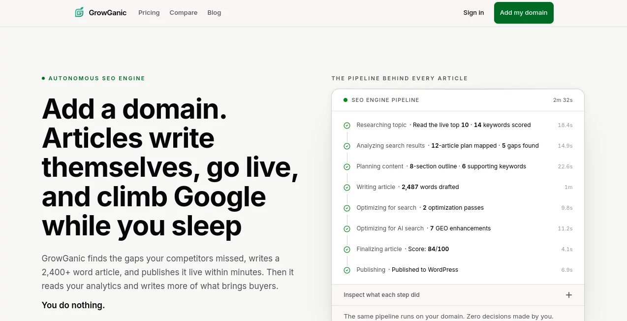 Screenshot of GrowGanic - Autonomous SEO – An AI tool in the ,AI Content Generator ,AI SEO Assistant ,AI Marketing Plan Generator ,AI Digital Marketing Generator  category, showcasing its interface and key features.