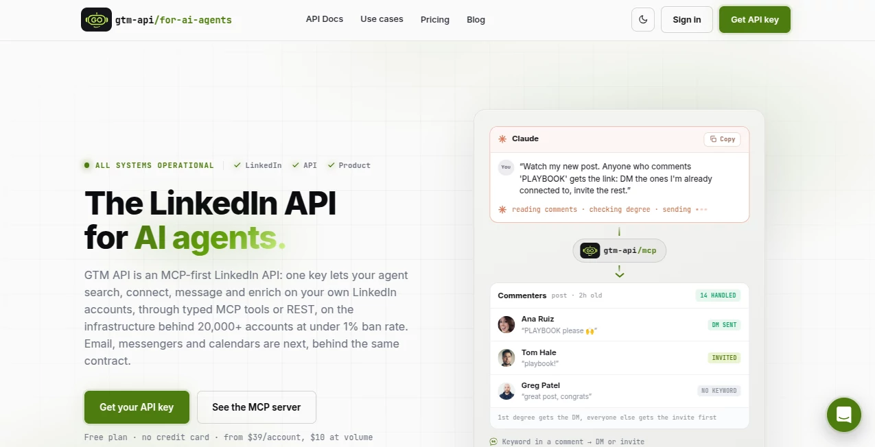 Screenshot of GTM API – An AI tool in the ,AI Lead Generation ,AI Sales Assistant ,AI API Design ,AI Developer Tools  category, showcasing its interface and key features.