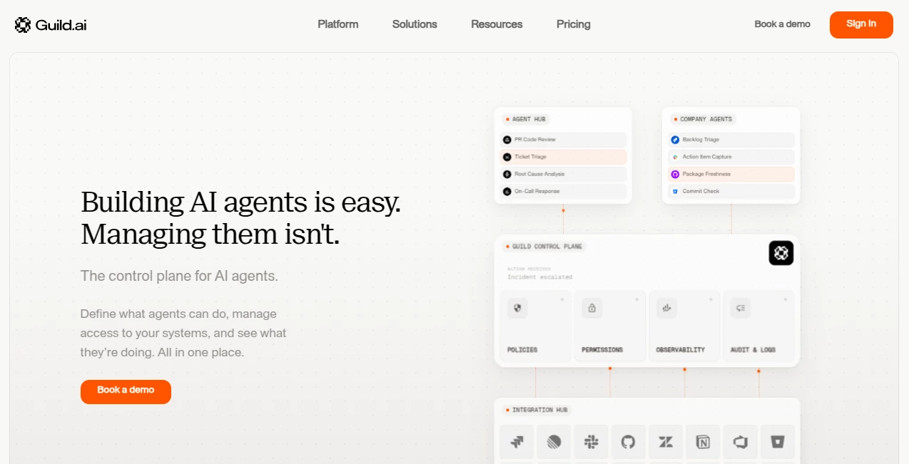 Screenshot of Guild.ai – An AI tool in the ,AI Workflow Management ,AI Team Collaboration ,AI Developer Tools ,AI DevOps Assistant  category, showcasing its interface and key features.