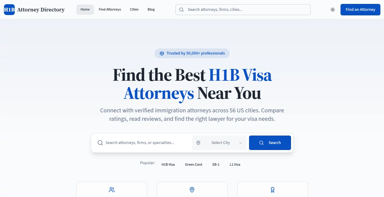 Screenshot of h1bvisaattorney – An AI tool in the ,AI Research Tool ,AI Consulting Assistant ,AI Life Assistant ,AI Legal Assistant  category, showcasing its interface and key features.