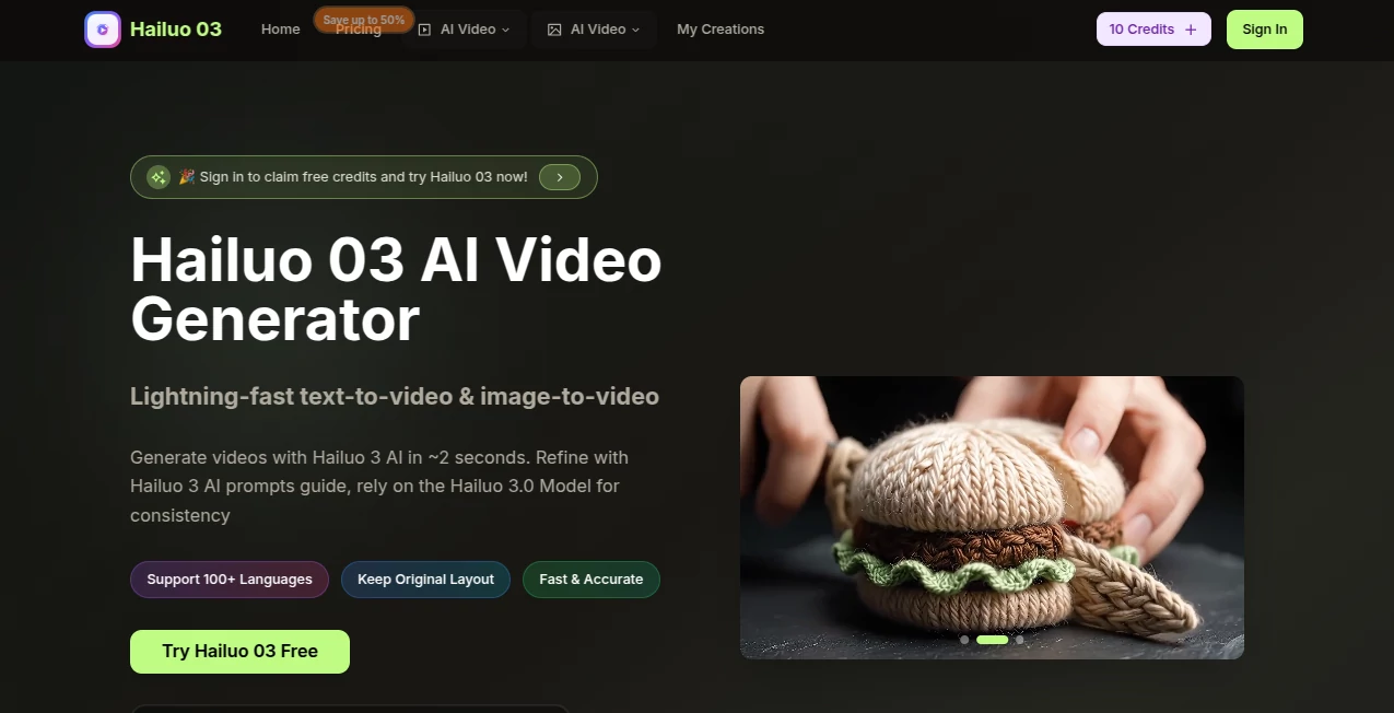 Screenshot of hailuo03 – An AI tool in the ,AI Animated Video ,AI Image to Video ,AI Video Generator ,AI Text to Video  category, showcasing its interface and key features.