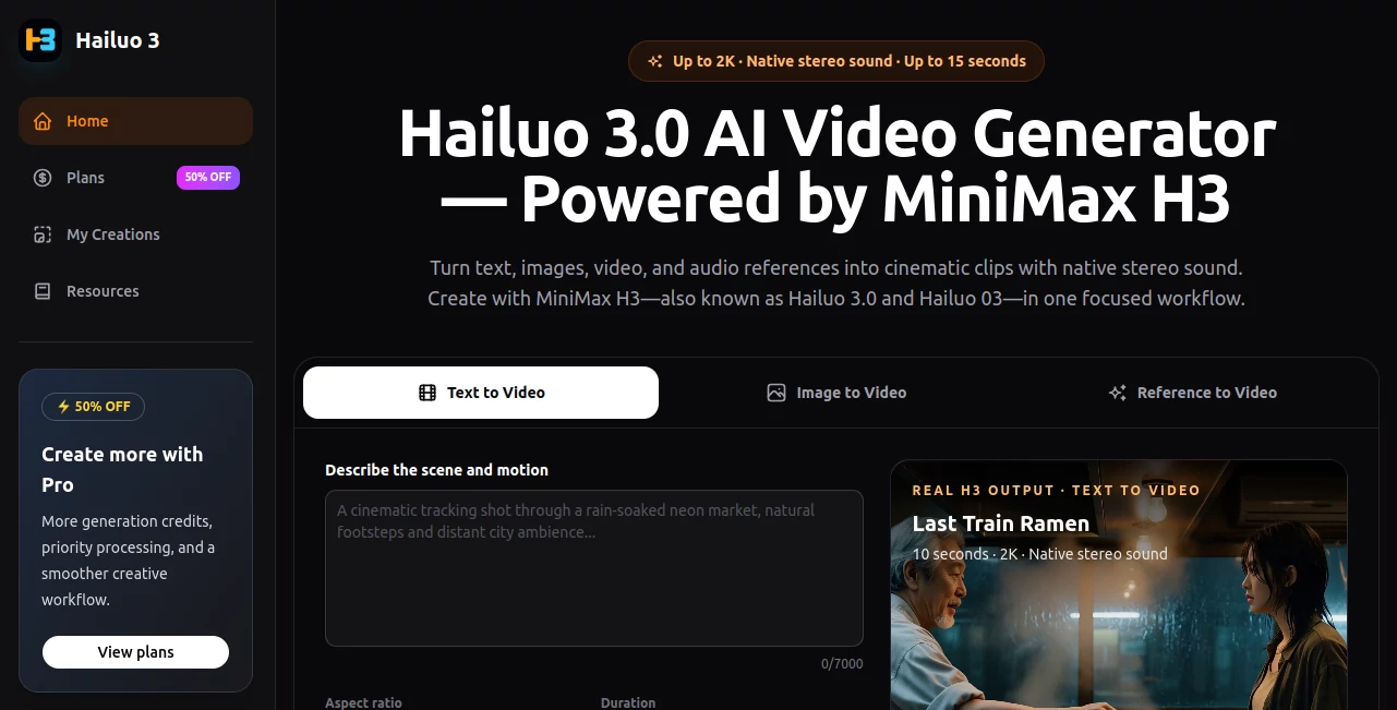 Screenshot of hailuo3.me – An AI tool in the ,AI Image to Video ,AI Video Generator ,AI Text to Video  category, showcasing its interface and key features.