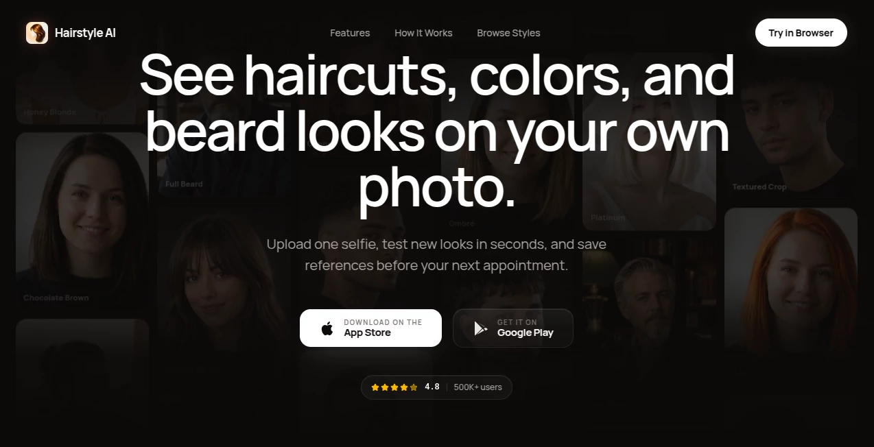Screenshot of Hairstyle AI – An AI tool in the ,AI Fun Tools ,Photo & Image Editor ,AI Design Generator ,AI Image to Image  category, showcasing its interface and key features.