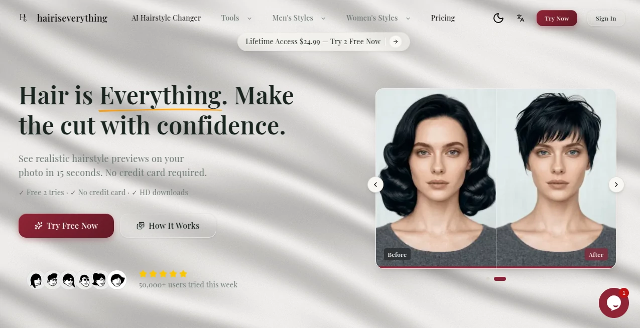 Screenshot of hairiseverything – An AI tool in the ,AI Photo & Image Generator ,AI Photography ,AI Selfie & Portrait ,AI Image to Image  category, showcasing its interface and key features.
