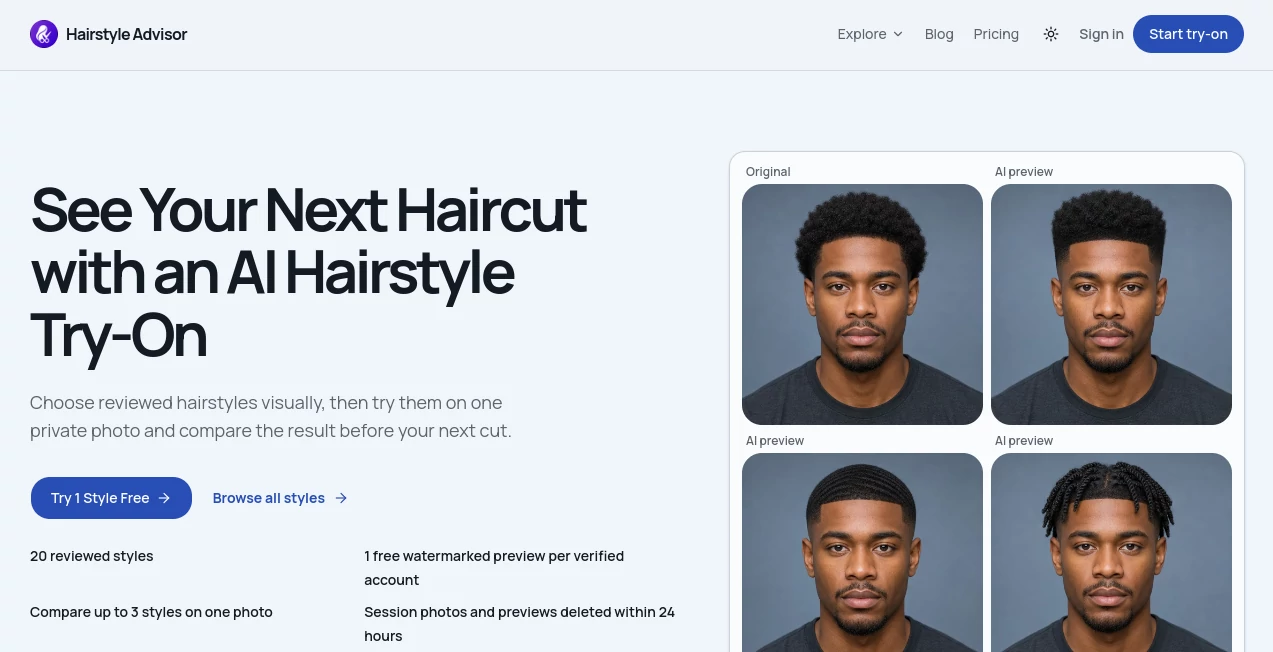 Screenshot of Hairstyle Advisor – An AI tool in the ,Photo & Image Editor ,AI Selfie & Portrait ,AI Image to Image  category, showcasing its interface and key features.