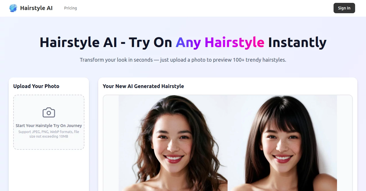 Screenshot of Hairstyle AI – An AI tool in the ,AI Photo Enhancer ,Photo & Image Editor ,AI Selfie & Portrait ,AI Design Generator  category, showcasing its interface and key features.