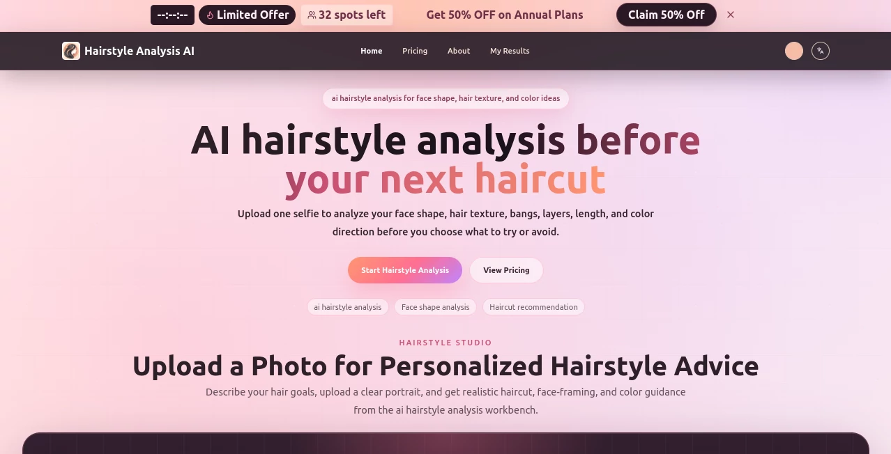 Screenshot of Hairstyle Analysis – An AI tool in the ,AI Photo & Image Generator ,AI Life Assistant ,AI Selfie & Portrait ,AI Productivity Tools  category, showcasing its interface and key features.
