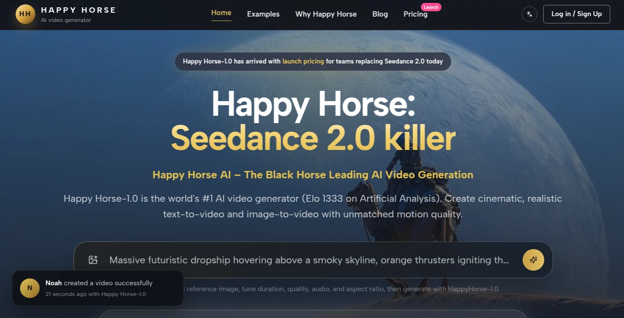 Screenshot of Happy Horse: Seedance 2.0 killer – An AI tool in the ,AI Animated Video ,AI Image to Video ,AI Video Generator ,AI Text to Video  category, showcasing its interface and key features.
