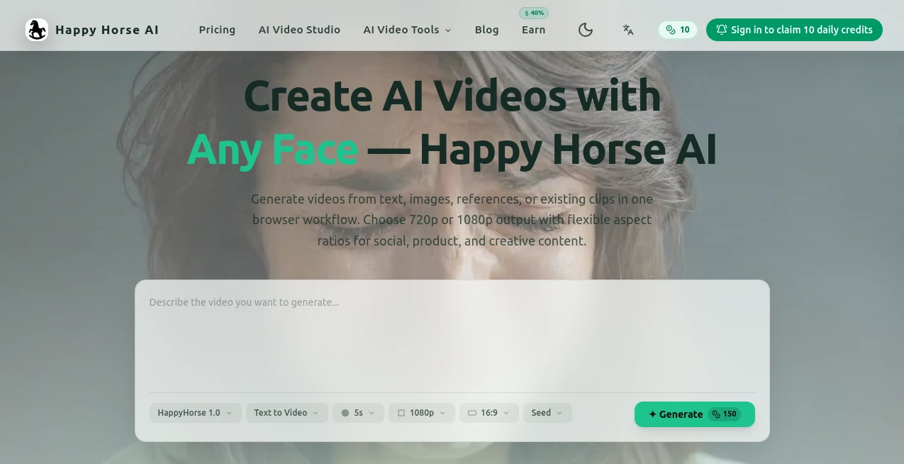 Screenshot of Happy Horse AI – An AI tool in the ,AI Image to Video ,AI Video Generator ,AI Video Editor ,AI Text to Video  category, showcasing its interface and key features.