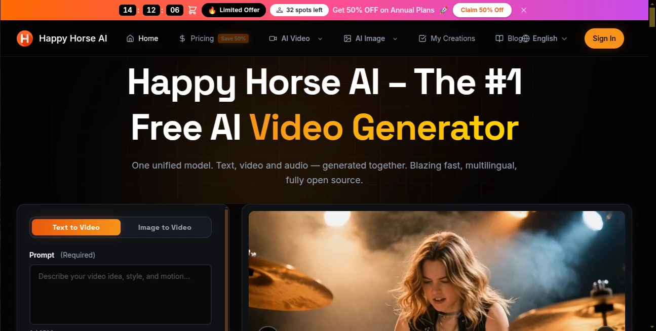 Screenshot of happyhorse ai – An AI tool in the ,AI Music Video Generator ,AI Video Generator ,AI Short Clips Generator ,AI Lip Sync Generator  category, showcasing its interface and key features.