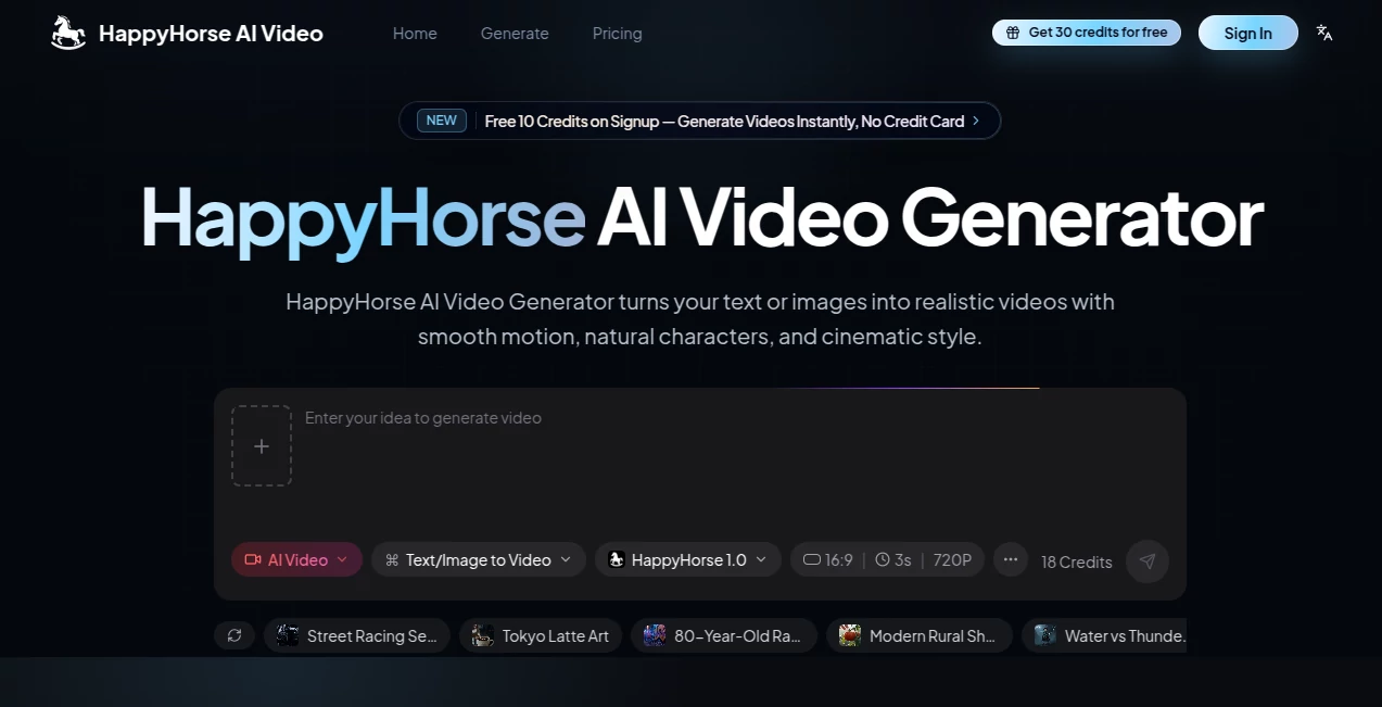 Screenshot of HappyHorse AI Video – An AI tool in the ,AI Animated Video ,AI Image to Video ,AI Video Generator ,AI Text to Video  category, showcasing its interface and key features.