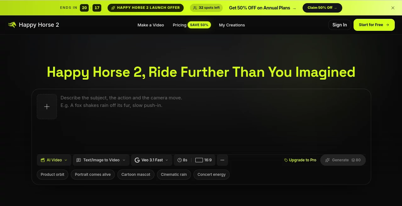 Screenshot of Happy Horse 2 – An AI tool in the ,Video  category, showcasing its interface and key features.