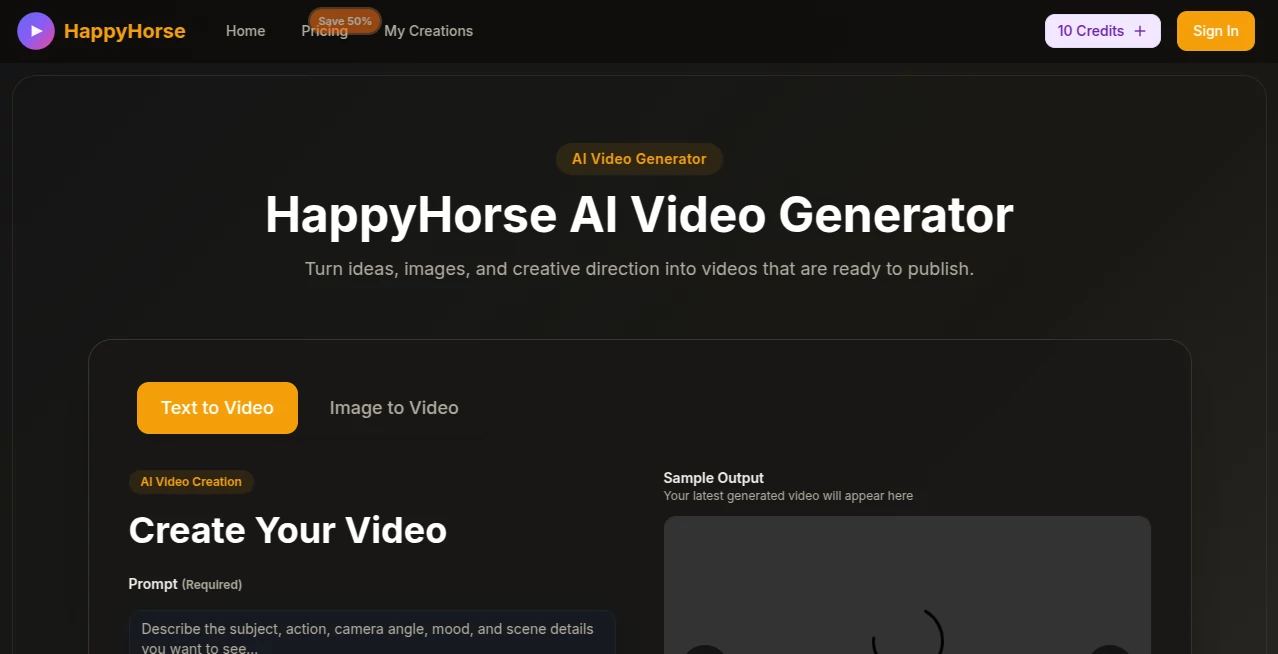Screenshot of HappyHorse AI – An AI tool in the ,AI Animated Video ,AI Image to Video ,AI Video Generator ,AI Text to Video  category, showcasing its interface and key features.