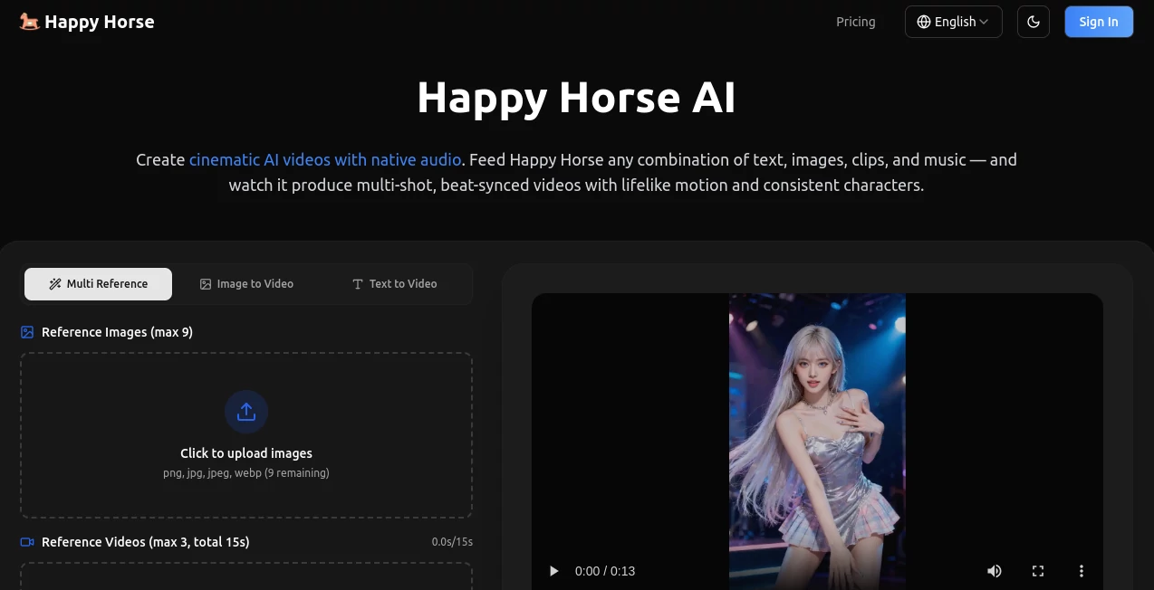 Screenshot of Happy Horse AI – An AI tool in the ,AI Image to Video ,AI Music Video Generator ,AI Video Generator ,AI Text to Video  category, showcasing its interface and key features.
