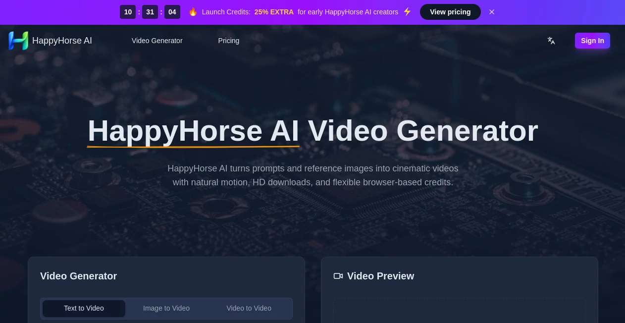 Screenshot of happyhorse – An AI tool in the ,AI Audio Enhancer ,AI Video Generator ,AI Video Editor ,AI Text to Video  category, showcasing its interface and key features.