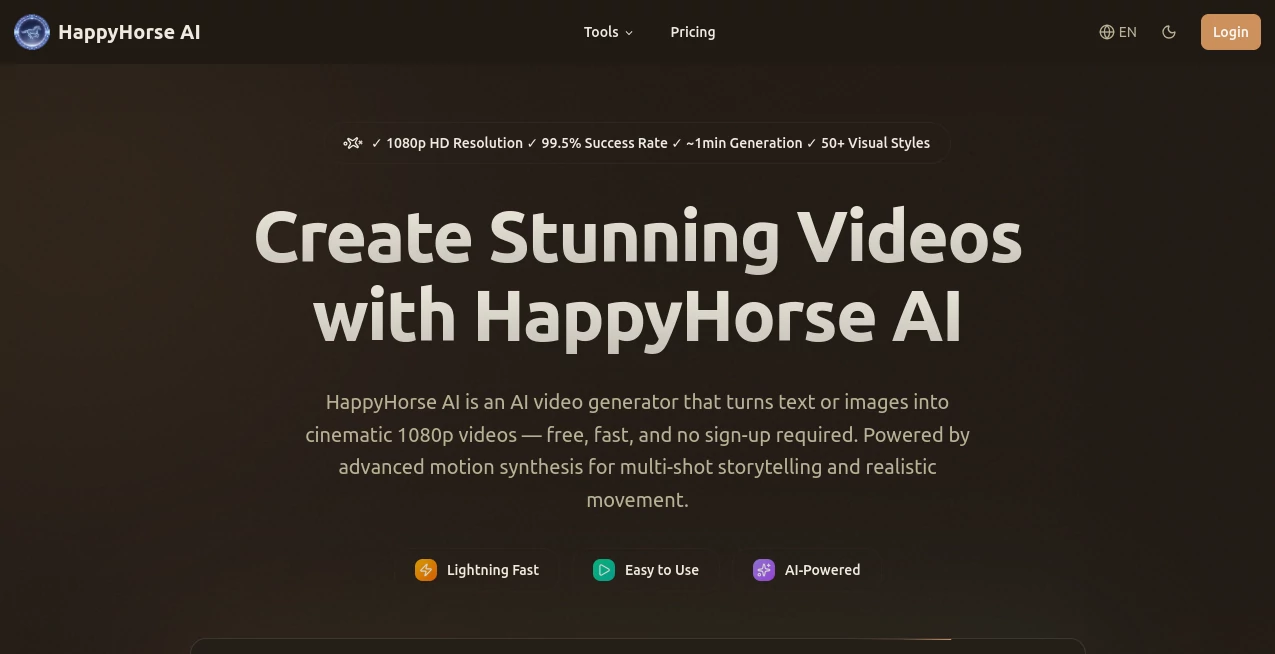 Screenshot of Happyhorses AI Video Generator – An AI tool in the ,AI Animated Video ,AI Image to Video ,AI Video Generator ,AI Text to Video  category, showcasing its interface and key features.