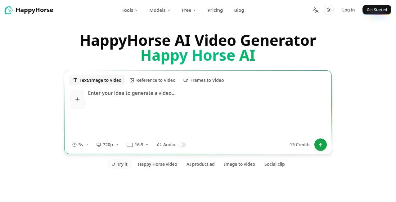 Screenshot of Happy Horse AI – An AI tool in the ,AI Animated Video ,AI Image to Video ,AI Video Generator ,AI Text to Video  category, showcasing its interface and key features.