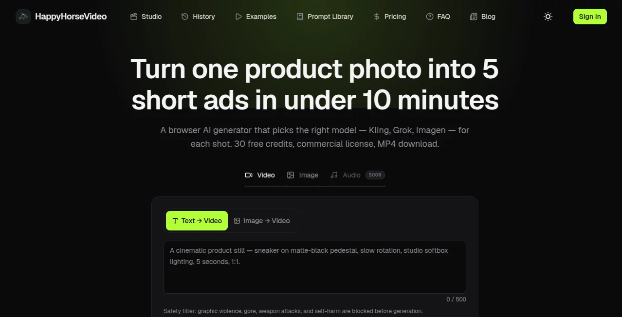 Screenshot of happyhorsevideo – An AI tool in the ,AI Image to Video ,AI Video Generator ,AI Short Clips Generator ,AI Text to Video  category, showcasing its interface and key features.