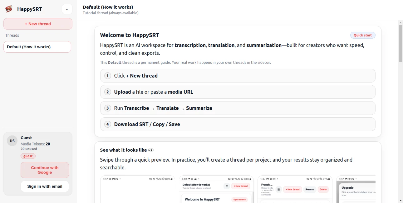 Screenshot of HappySRT – An AI tool in the ,AI Captions or Subtitle ,AI Transcription ,AI Video Editor ,AI Speech Recognition  category, showcasing its interface and key features.