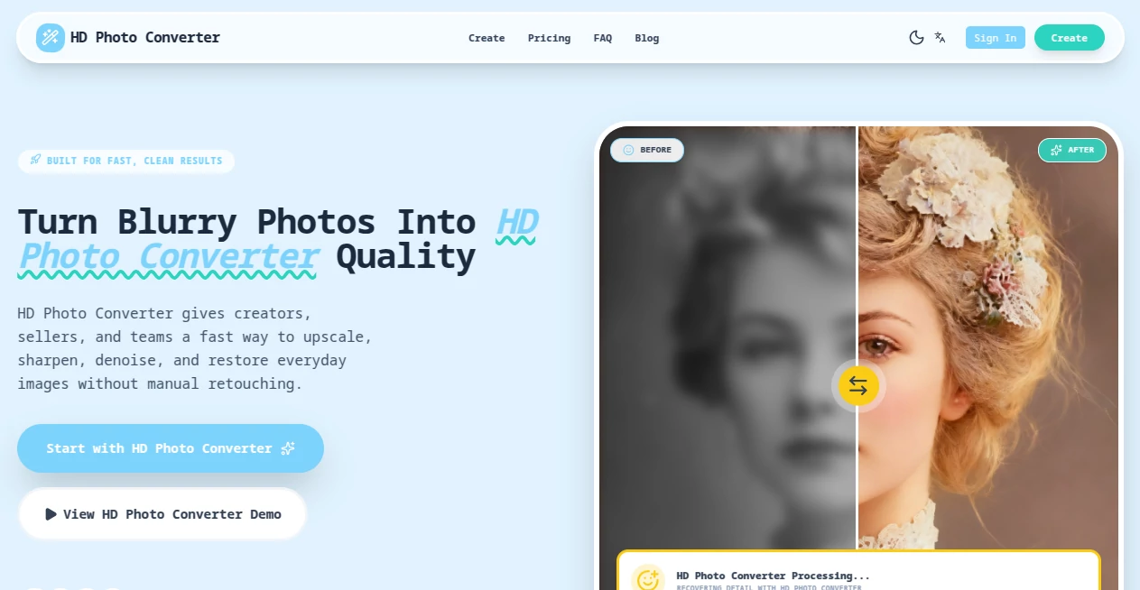 Screenshot of HD Photo Converter – An AI tool in the ,Photo & Image Editor ,AI Photo Enhancer ,AI Image to Image ,AI Design Generator  category, showcasing its interface and key features.