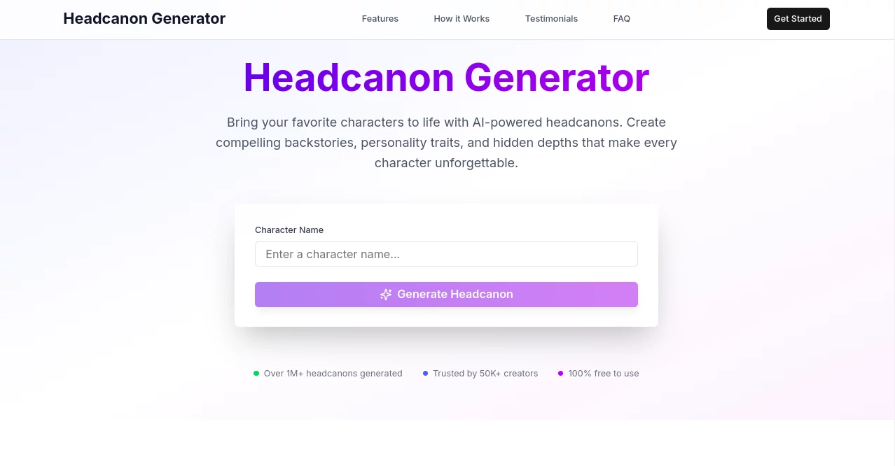 Screenshot of Headcanon Generator – An AI tool in the ,AI Character  category, showcasing its interface and key features.