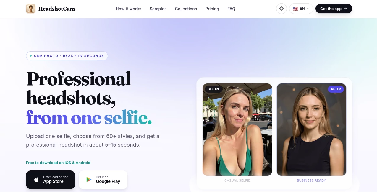 Screenshot of HeadshotCam – An AI tool in the ,AI Photo & Image Generator ,AI Selfie & Portrait ,AI Photography  category, showcasing its interface and key features.