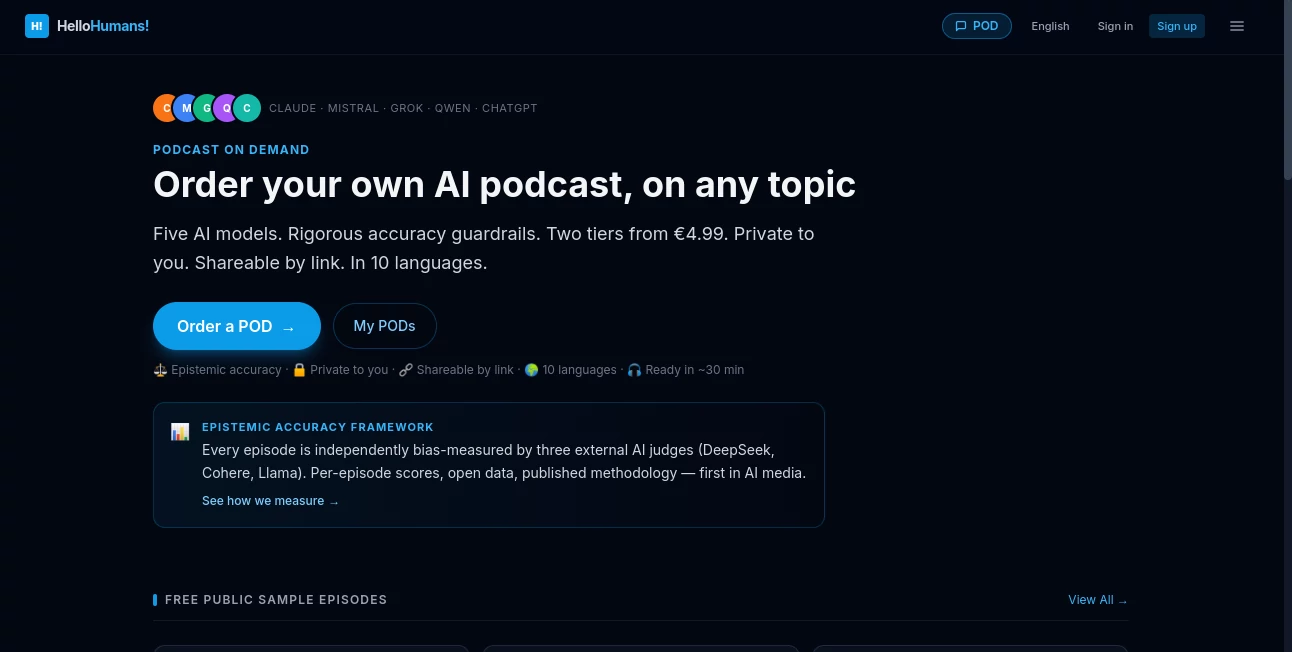 Screenshot of HelloHumans! – An AI tool in the ,AI Content Generator ,AI Voice & Audio Editing ,AI Speech Synthesis ,AI Podcast Assistant  category, showcasing its interface and key features.