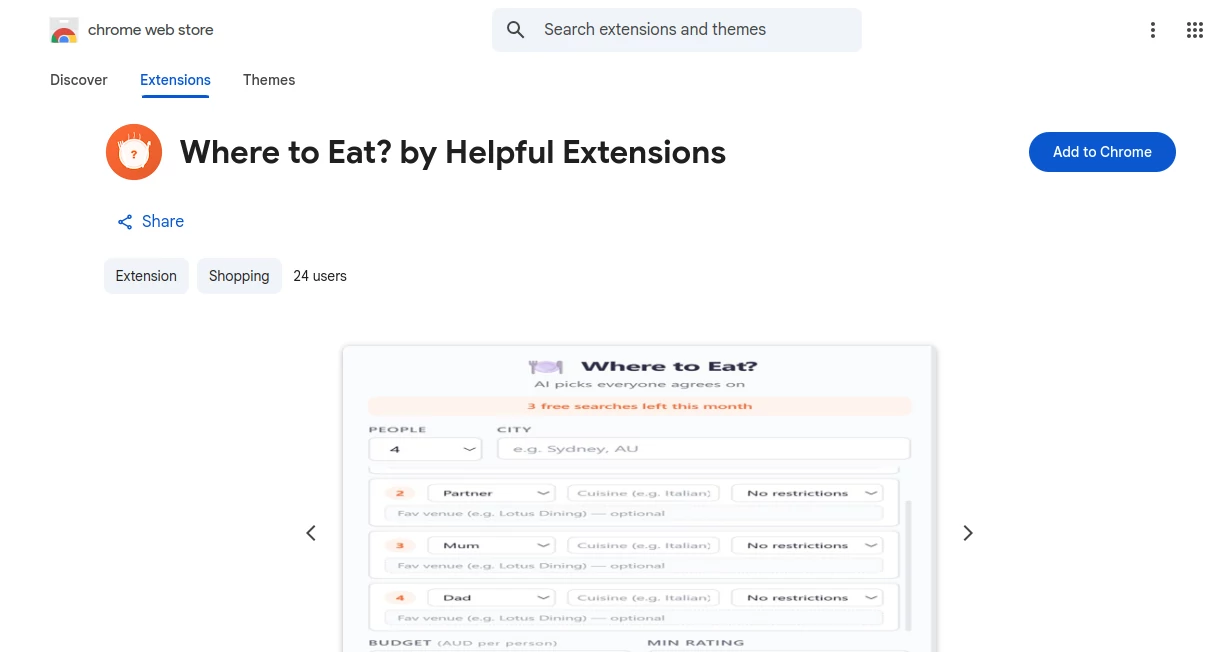 Screenshot of Where to Eat? by Helpful Extensions – An AI tool in the ,AI Trip Planner ,AI Life Assistant ,AI Productivity Tools ,Other  category, showcasing its interface and key features.