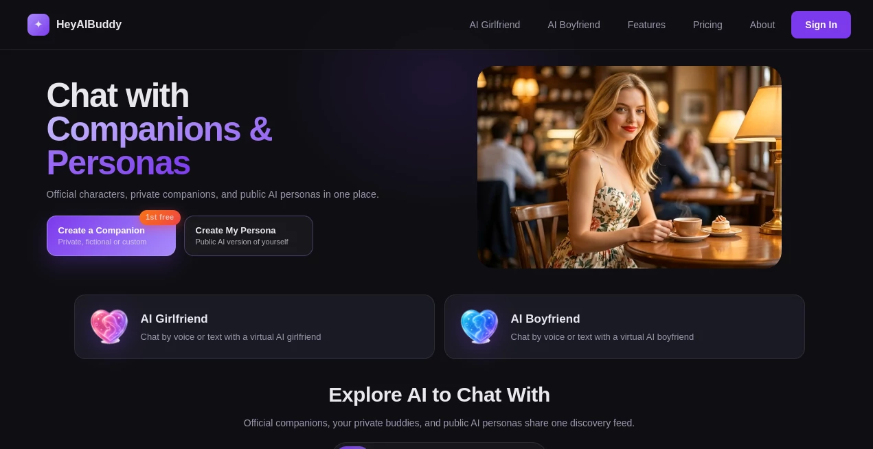 Screenshot of HeyAIBuddy – An AI tool in the ,AI Voice Chat Generator ,AI Voice Assistants ,AI Chatbot ,AI Character  category, showcasing its interface and key features.