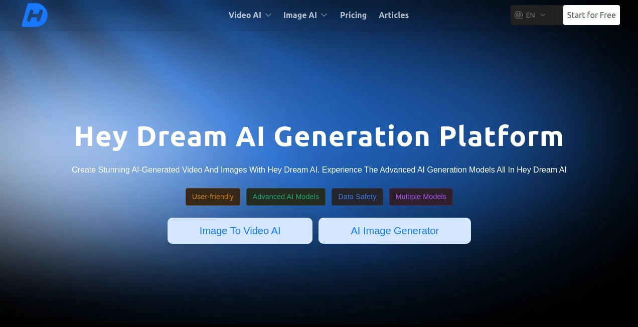 Screenshot of Hey Dream AI – An AI tool in the ,AI Animated Video ,AI Image to Video ,AI Text to Video ,AI Video Generator  category, showcasing its interface and key features.