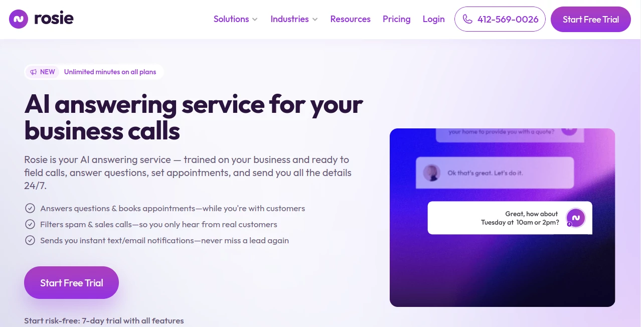 Screenshot of Rosie AI – An AI tool in the ,AI Speech Recognition ,AI Voice Assistants ,AI Customer Service Assistant ,AI Scheduling  category, showcasing its interface and key features.
