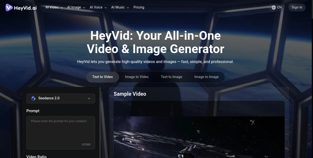 Screenshot of Heyvid AI – An AI tool in the ,AI Video Editor ,AI Text to Video ,AI UGC Video Generator ,AI Video Generator  category, showcasing its interface and key features.