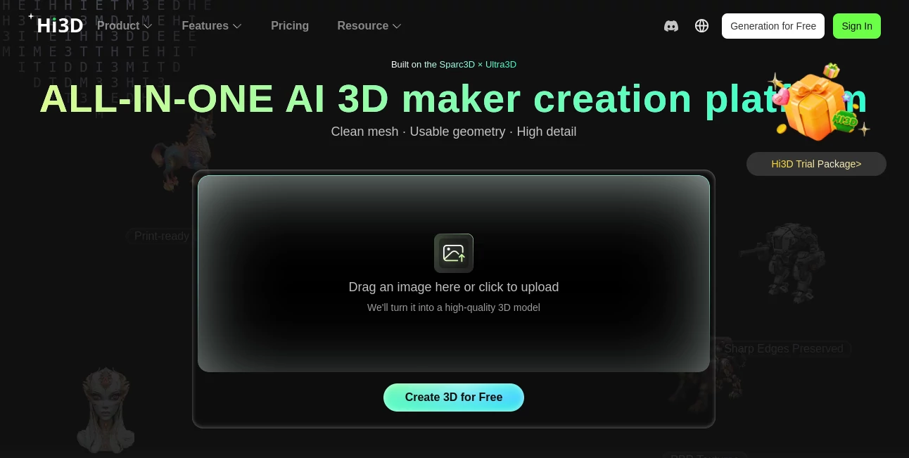 Screenshot of HI3D AI – An AI tool in the ,AI Developer Tools ,AI 3D Model Generator ,AI Text to 3D ,AI Image to 3D Model  category, showcasing its interface and key features.