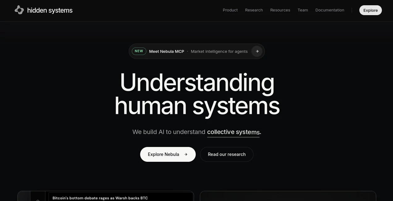 Screenshot of Hidden Systems – An AI tool in the ,AI Investing Assistant ,AI Research Tool ,AI Analytics Assistant ,AI Trading Bot Assistant  category, showcasing its interface and key features.