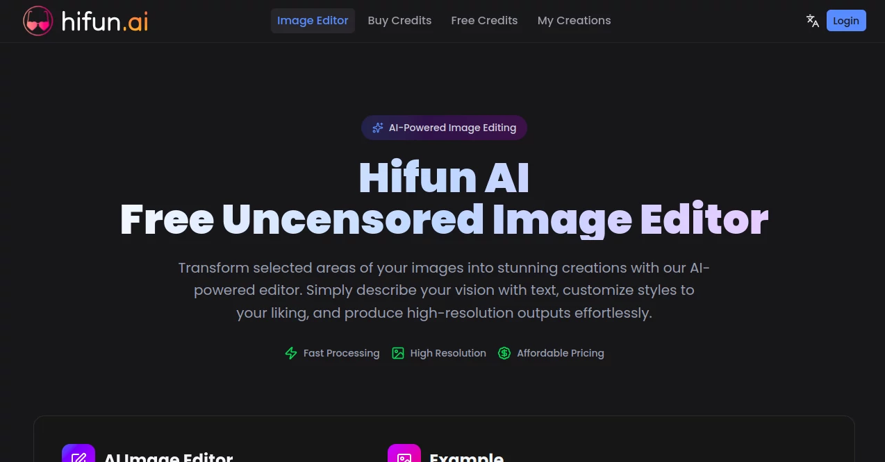 Screenshot of Hifun AI – An AI tool in the ,Photo & Image Editor ,NSFW  category, showcasing its interface and key features.