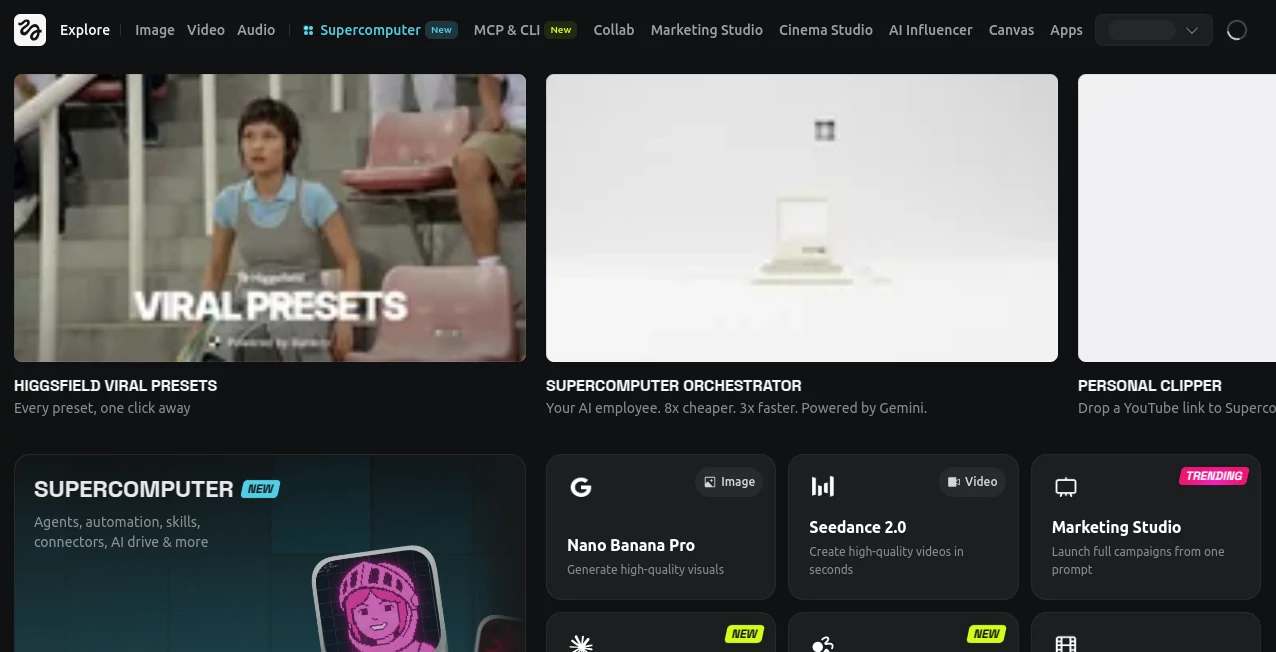 Screenshot of Higgsfield – An AI tool in the ,AI Animated Video ,AI Image to Video ,AI Video Generator ,AI Text to Video  category, showcasing its interface and key features.