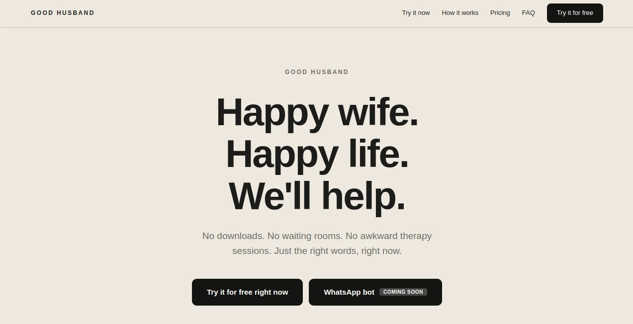 Screenshot of GOOD HUSBAND – An AI tool in the ,AI Chatbot ,AI Dating Assistant ,AI Life Assistant ,AI Mental Health  category, showcasing its interface and key features.