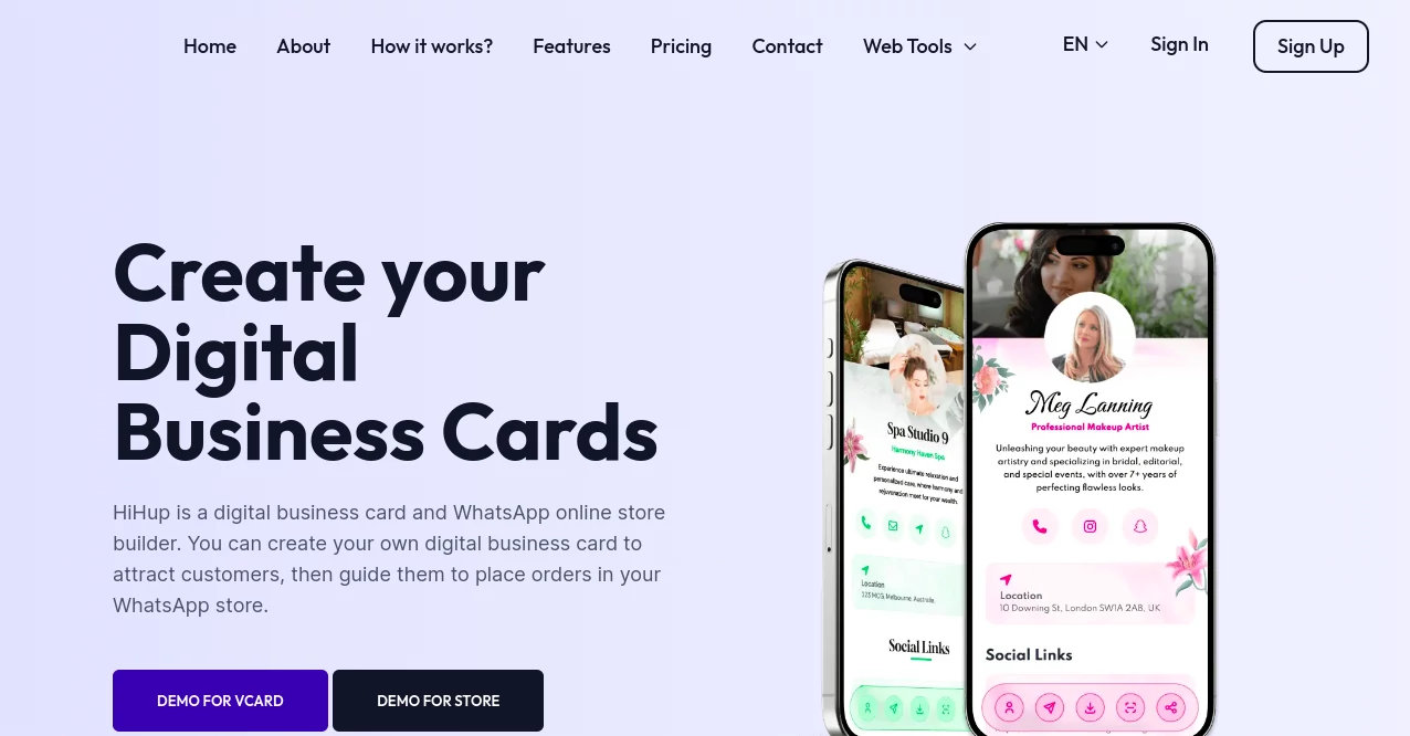 Screenshot of HiHup – An AI tool in the ,AI Landing Page Builder ,AI Website Builder ,AI Bio Link ,AI E-commerce Assistant  category, showcasing its interface and key features.