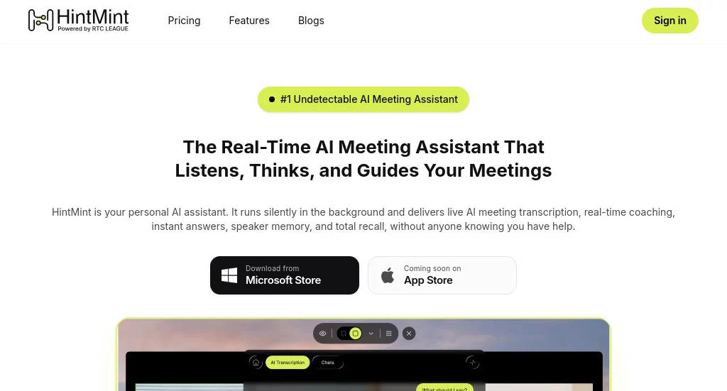 Screenshot of HintMint – An AI tool in the ,AI Productivity Tools ,AI Team Collaboration ,AI Meeting Assistant ,AI Notes Assistant  category, showcasing its interface and key features.
